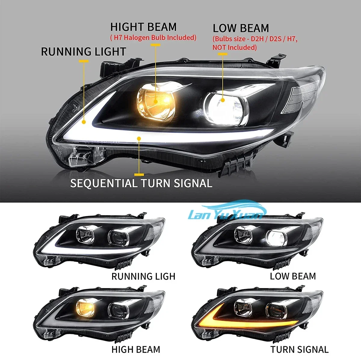 Full LED Projector Head Lamps For toyot Corolla 2011 2012 2013 Front Lights Plug-n-Play DRL w/Sequential Turn Signals