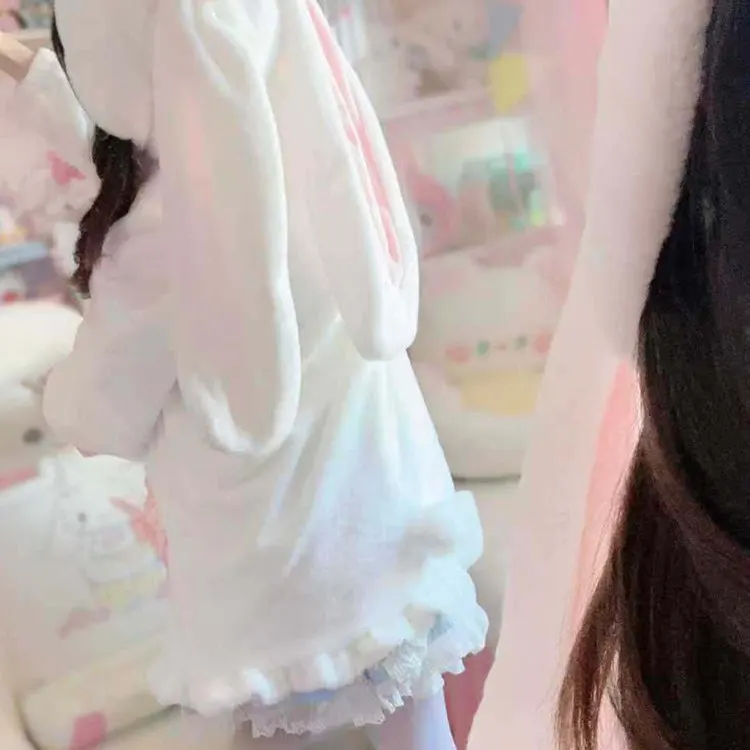 Original Japanese Girls Sweet Lolita Y2k Faux Fur Jacket Autumn and Winter Women Cute Kawaii Rabbit Ears Soft Warm Fur Coat
