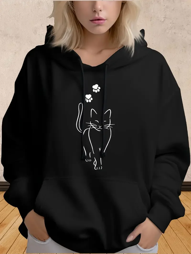 

Plus Size Hoodie Sweatshirts A Walking Cat Long Sleeve Sweater Casual Hooded Design For Outdoor Activities Daily Wear 550g