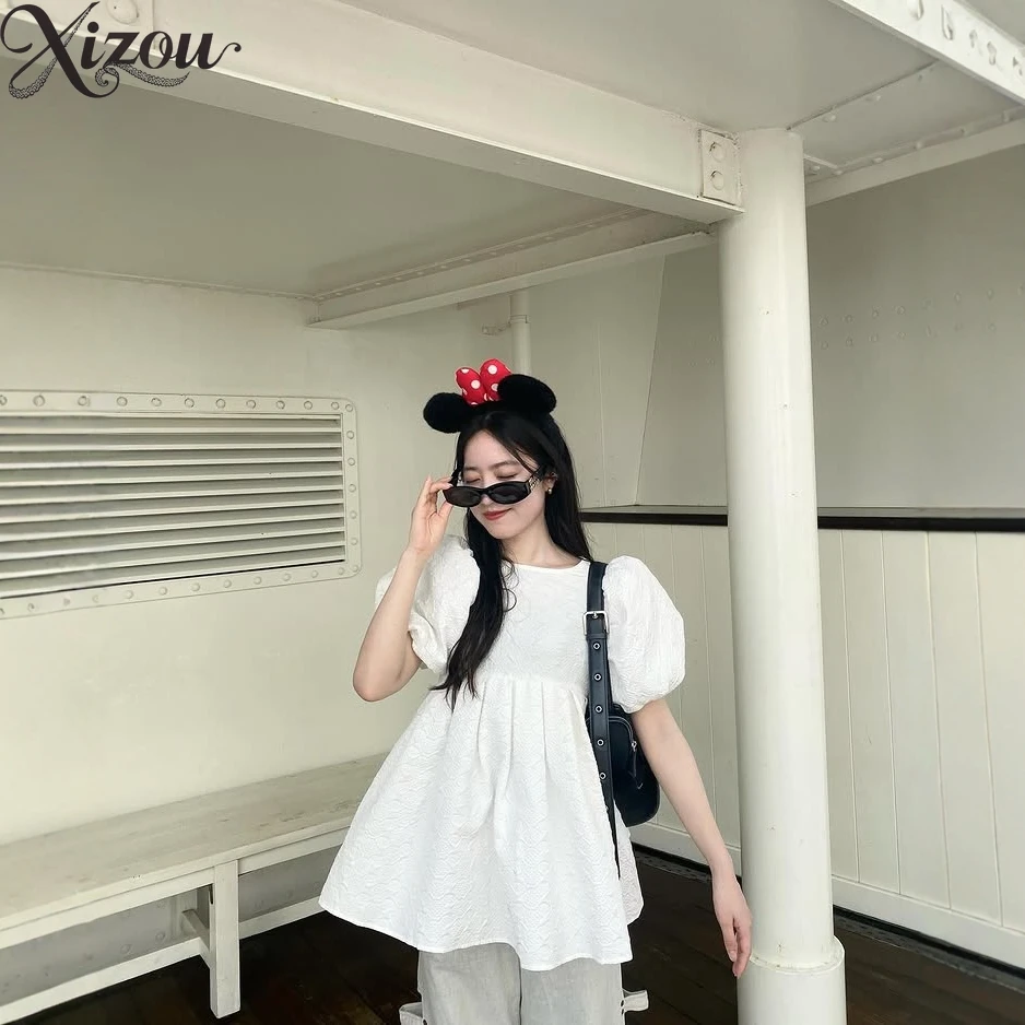 

2025 Summer Japanese Women Top Girls Shirt Bubble Short-sleeve Puff Sleeve Round Neck Pink French Loose Slim Casual Daily Blouse