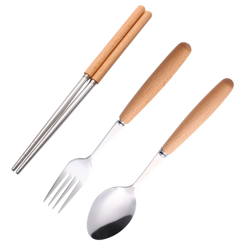 

1Set Stainless Steel Cutlery Set Wooden Handle Fork Spoon Chopstick Kit Durable Flatware for Home Dining Wedding Festival