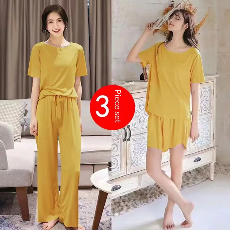 Ice Silk Pyjamas Three-Piece Set of Women\'s Homewear Trousers Simple Leisure and Comfortable Loose Short-Sleeved Shorts Suit