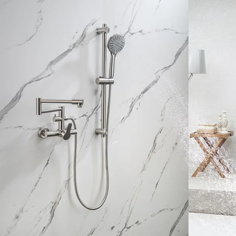Bathroom Tub Faucet Set with Handheld Shower Wall Mount Folding Bathtub Faucet Combo Set Modern Bath Tub Faucet with Hand Shower