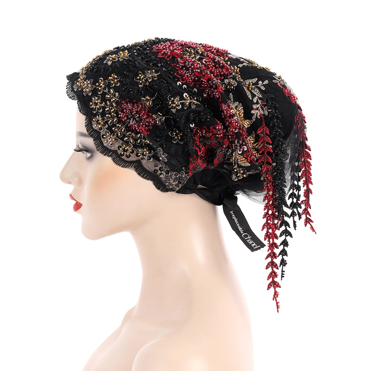 New Ethnic Tassel Headscarf Beaded Embroidery Turban Luxury Tassel Bonnet Women Muslim Hijab Lace Wedding Party Headwear Beanies - view 3