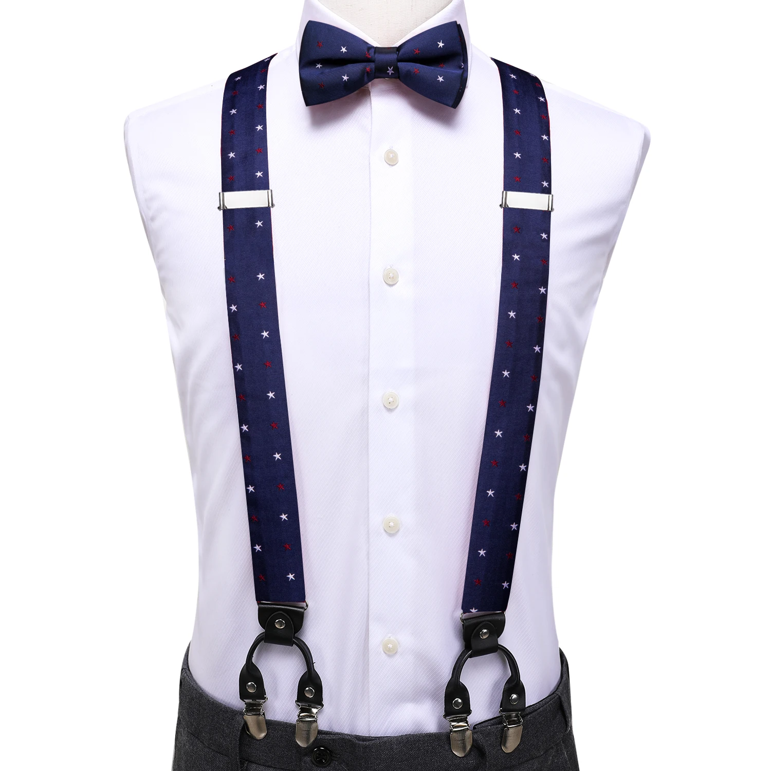 Silk Woven Mens Suspenders Bow Tie Hanky Cufflinks Set Strength 6 Clips On Male Vintage Braces Blue Star Flag