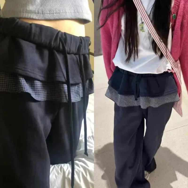 

Dongdaemun Y2K Lattice Layered Pants Korean Women summer Autumn Cute Leaf Splicing Skirt Pants Elastic Waist Casual Pants New