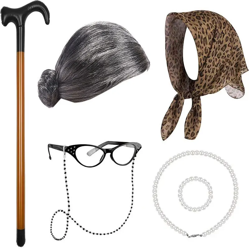 Halloween Back-to-School 100 Days Old Lady Costume Set Wig COS Elderly Grandmother Wig Walking Stick Headscarf Pearl Necklaces
