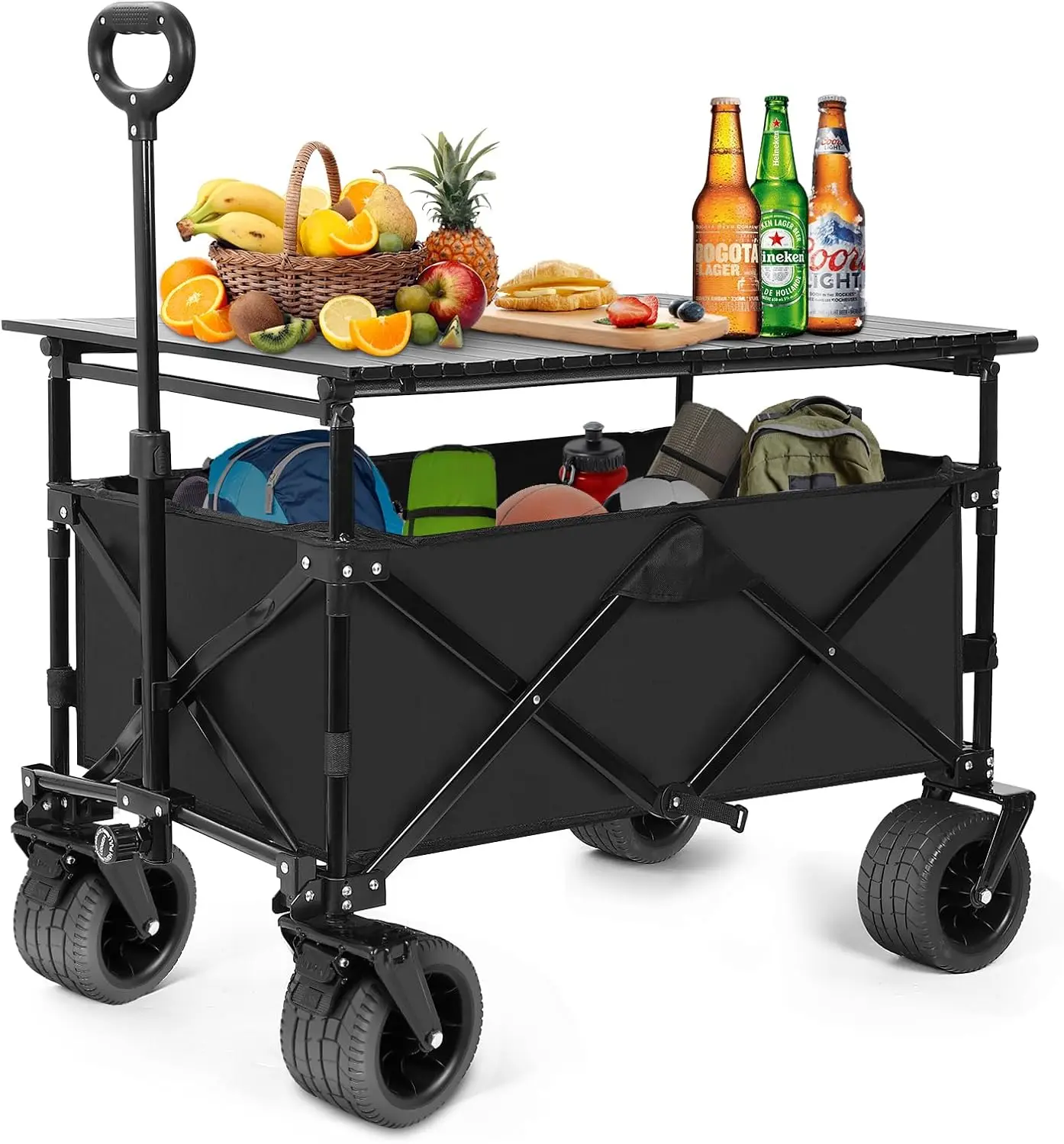 

Collapsible Wagon with Table Large Capacity Foldable Wagons Carts Beach Wagon with Big Wheels Heavy Duty Beach Car Utility Wagon