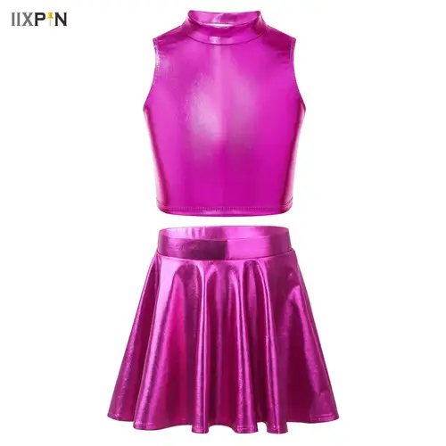 Traje de baile callejero de Jazz Hip Hop metálico para niña, Top corto brillante/falda plisada para espectáculo, fiesta, puesta en escena