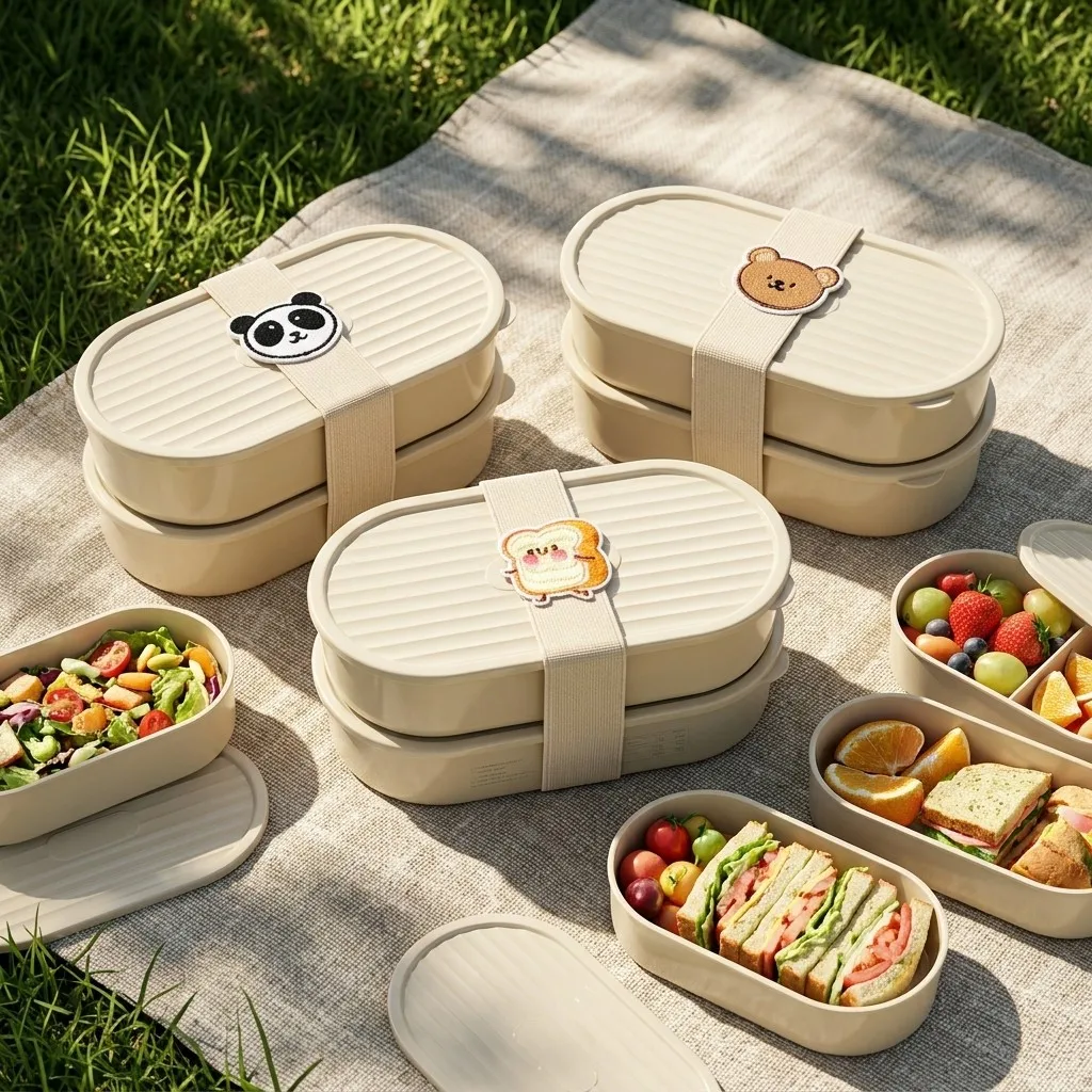 2Pcs/Set Cartoon Kids Bento Box With Strap Oval Plastic Lunch Box With Single/Double Grid Portable Fruit Salad Food Container