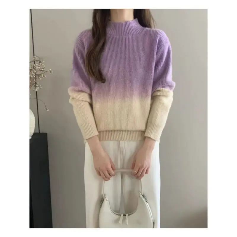 Autumn and Winter Gradient Color Half Turtleneck Sweater for Women with Western Style Inner Sweater Base Layer Pullover Top