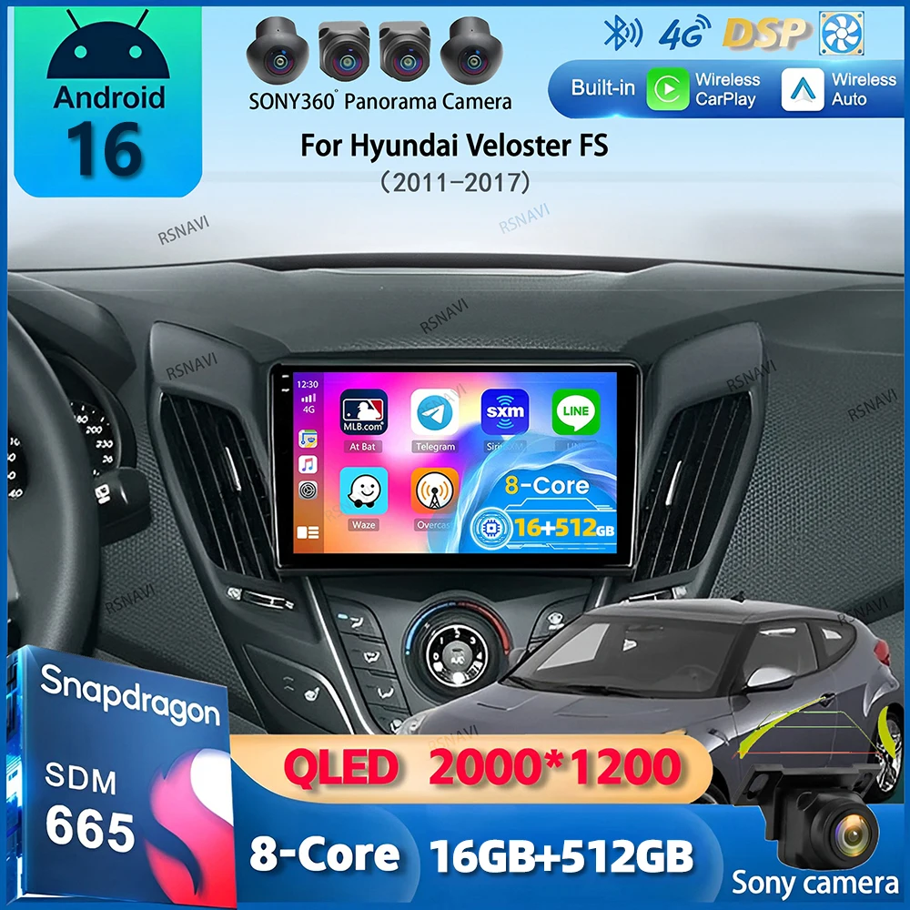 Radio de coche Android 16 con Carplay inalámbrico para Hyundai Veloster FS 2011-2017, GPS, navegación, reproductor multimedia de video, estéreo, audio.
