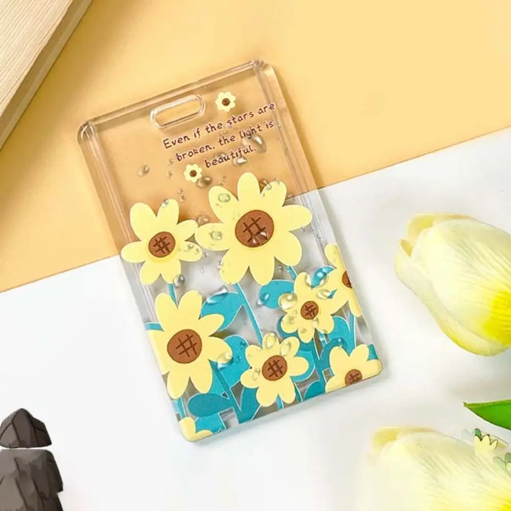 Hanging Neck Transparent Card Holder Double-sided Viewing Keychain Flower Card Case Sliding Closure ID Credit Card Holder