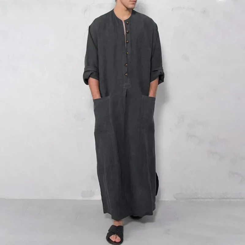 Men Stand Collar Jubba Thobe Long Robe Muslim Fashion Abaya Dubai Single Breasted Button Abayas Men Ramadan Arab Modest Pockets