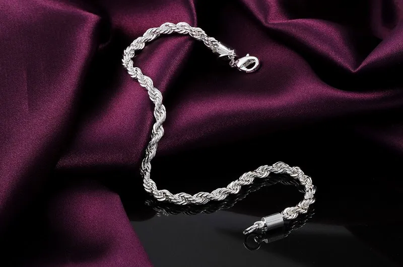 Hot fashion 925 sterling silver classic 4MM twisted rope chain Bracelets necklace Jewelry sets for men women wedding Party
