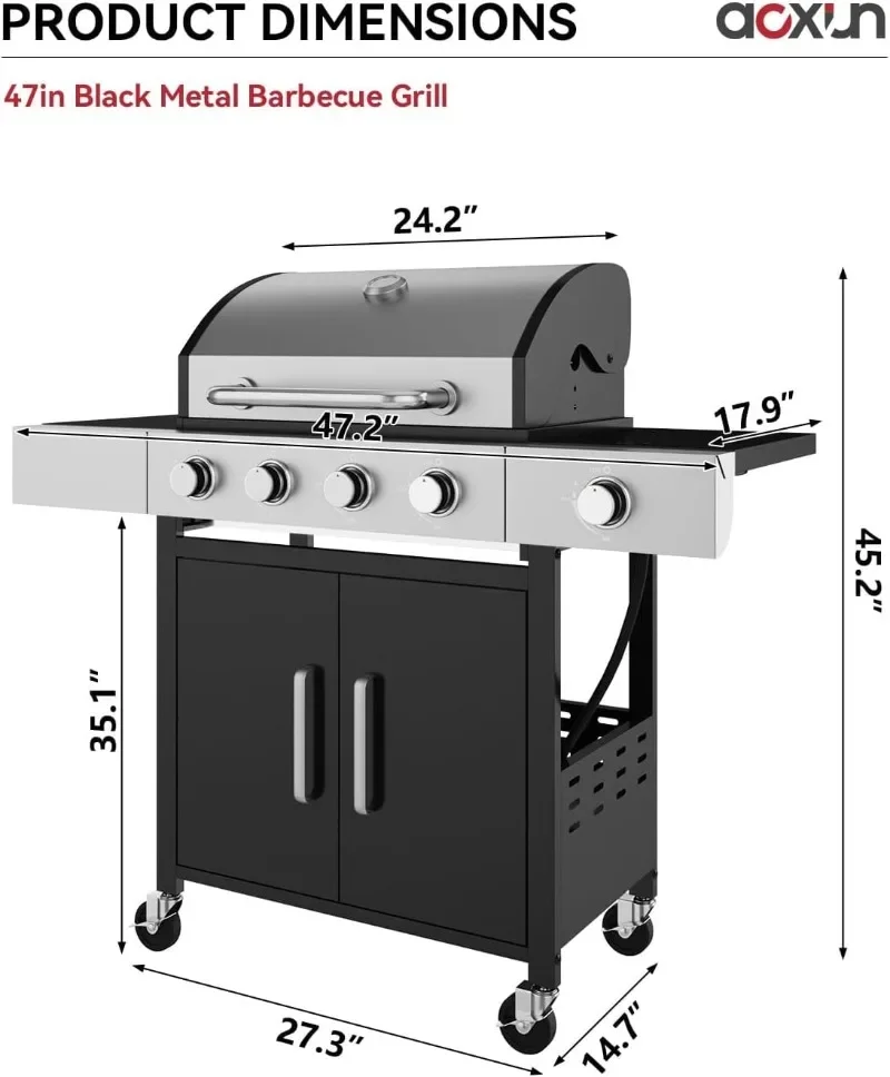 Aoxun 4-Burner Propane Grill with Side Burner, 49000 BTU Gas Grill, Stainless Steel Outdoor Grill with Cast Iron Grates