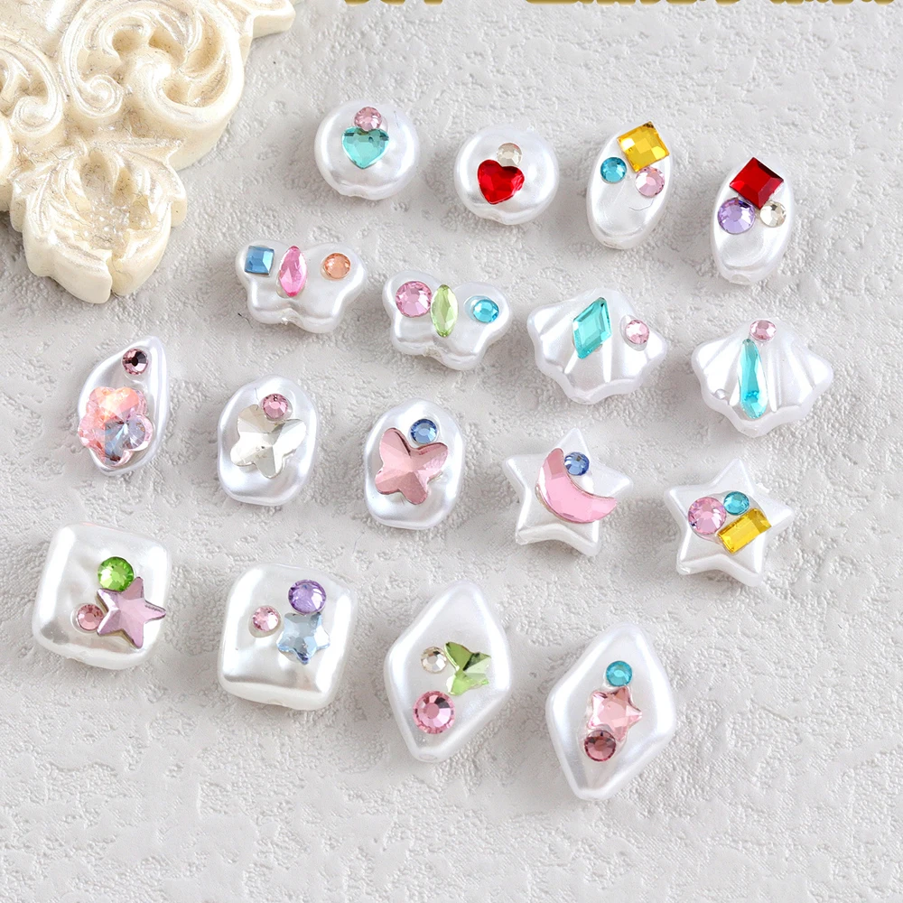 

10Pcs Retro Baroque Pearl Nail Art Charm 3D Super Flash Star Shell Butterfly Inlaid Rhineston Gem Nail Decoration DIY Nail Parts