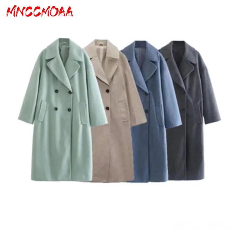 MNCCMOAA-Women's Double Breasted Woolen Coat, Loose Fitting, Long Sleeve, Pockets, Casual Outerwears, Autumn, Winter, 2024