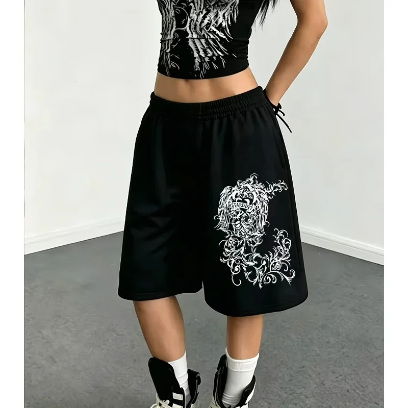 [Street Punk Style] Trendy Printed Mid-length Shorts | Light Gray Dark Pattern, Loose Fit Street Punk Style Casual Sports Pantsr