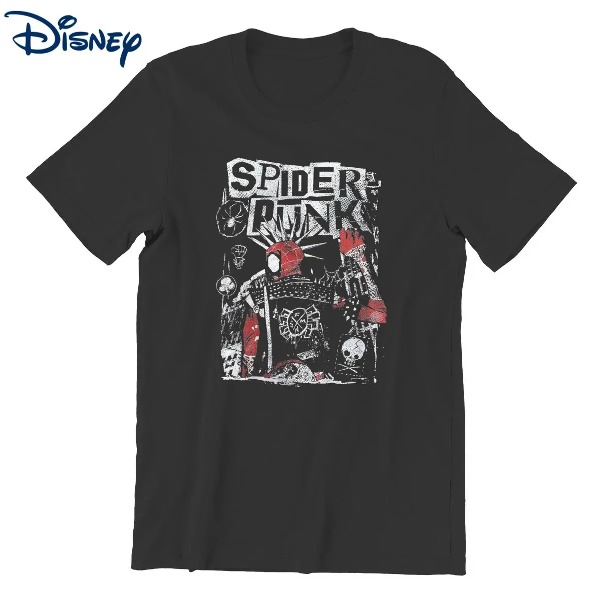 Disney Retro Spider Punk Spiderman T-Shirts Men O Neck 100% Cotton T Shirts into the Spiderverse Short Sleeve Tee Shirt Clothes