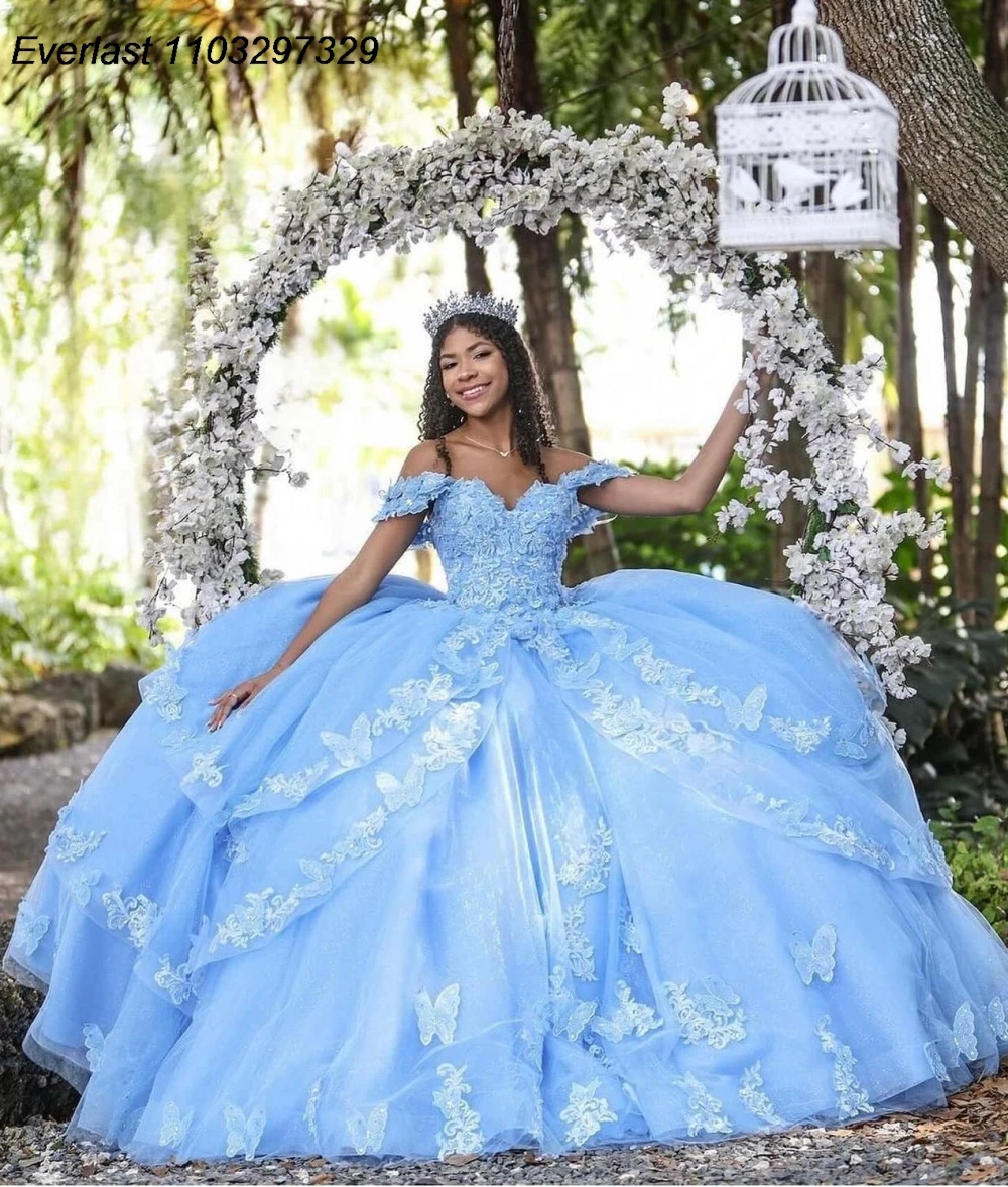 

EVLAST Mexican Blue Quinceanera Dress Ball Gown Lace Applique Beaded Diamonds Tiered Corset Sweet 16 Vestido De 15 Anos TQD910