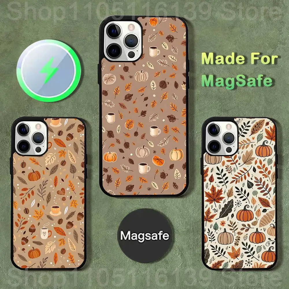 

Чехол для телефона с осенними листьями и тыквой для iPhone 17,16,15,14,13,12,11, Pro, Max, Plus, Mini, SE4, E с магнитной беспроводной зарядкой Magsafe
