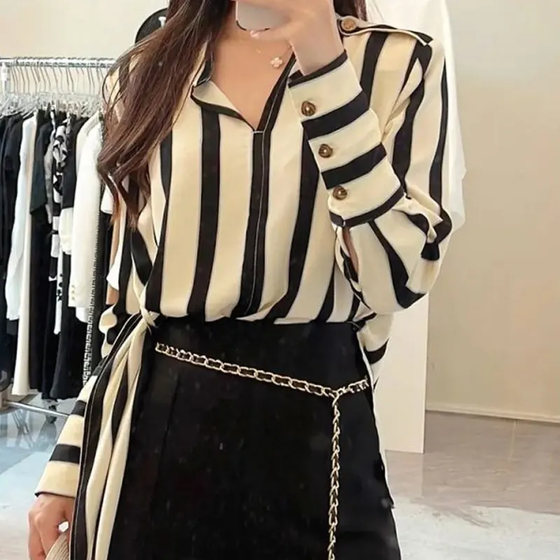 Commute Korean Striped Blouse Women\'s Clothing Casual V-Neck Spring Autumn Button Stylish Asymmetrical Irregular Bow Loose Shirt