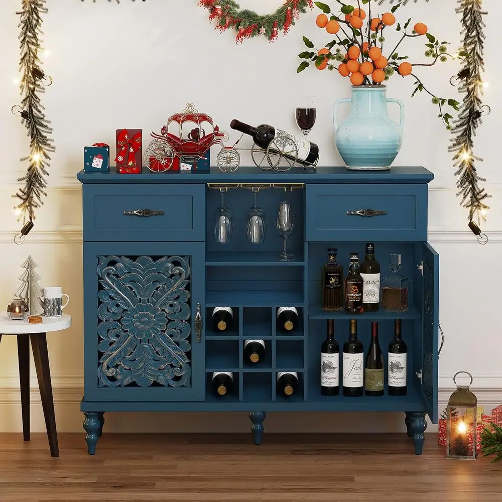 Vintage 47.2 Wine Bar Cabinet, Antique-Style Liquor Storage with 9 Racks and Glass Holder, Blue