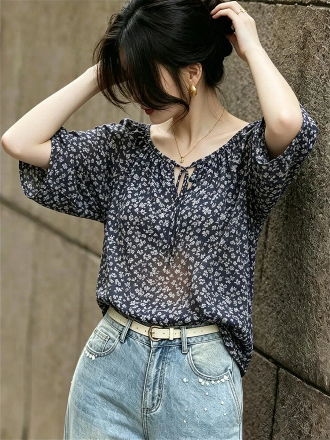 Oule Snip Tag Korean Fashion Commuter Style Floral Print Loose Slimming Dark Blue Women's T-Shirt Summer Casual Top