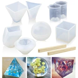 18pcs Set Epoxy Resin Mold DIY Orgonite Pyramid,Sphere,Cube,Square,Ball Candle Making Silicone Mold Kit with Measuring Cup Rob