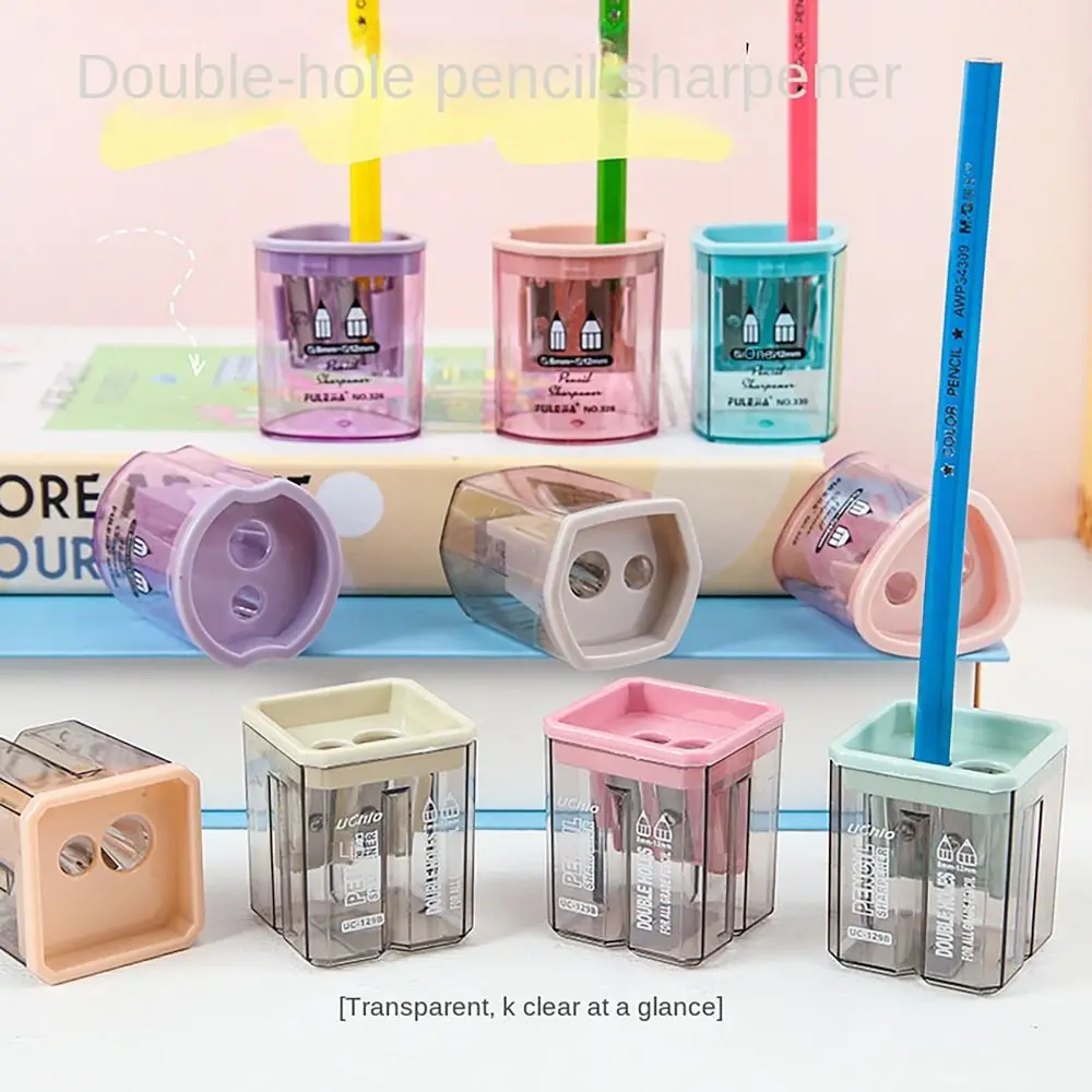 Double Hole Pencil Sharpener Triangles Hexagons Circles Squares Random Color Pencil Shavings School Office Supplies Stationery