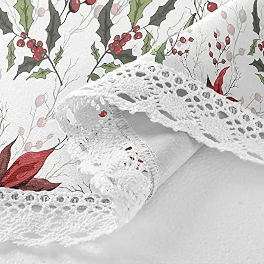 Christmas Flowers Poinsettia Holly Round Table Cloth, Winter Xmas Floral Polyester White Lace Tablecloth Round Table 60 Inch