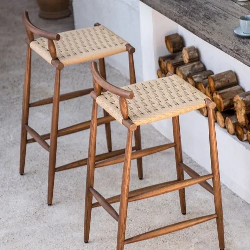 Home bar stool retro cafe solid wood high stool restaurant woven stool rattan bar chair