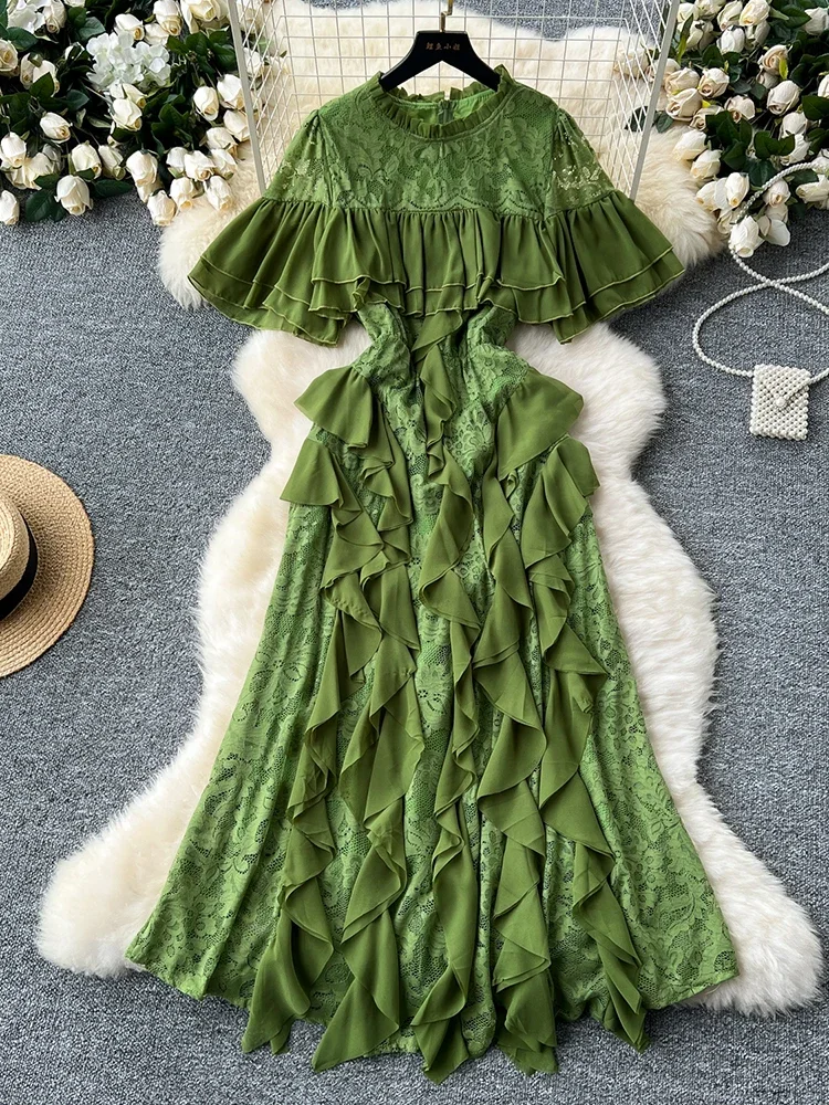 

Летнее кружевное платье с короткими рукавами, женское длинное платье в европейском и американском стиле в стиле пэчворк с круглым вырезом на талии и завязками в виде листьев лотоса C140