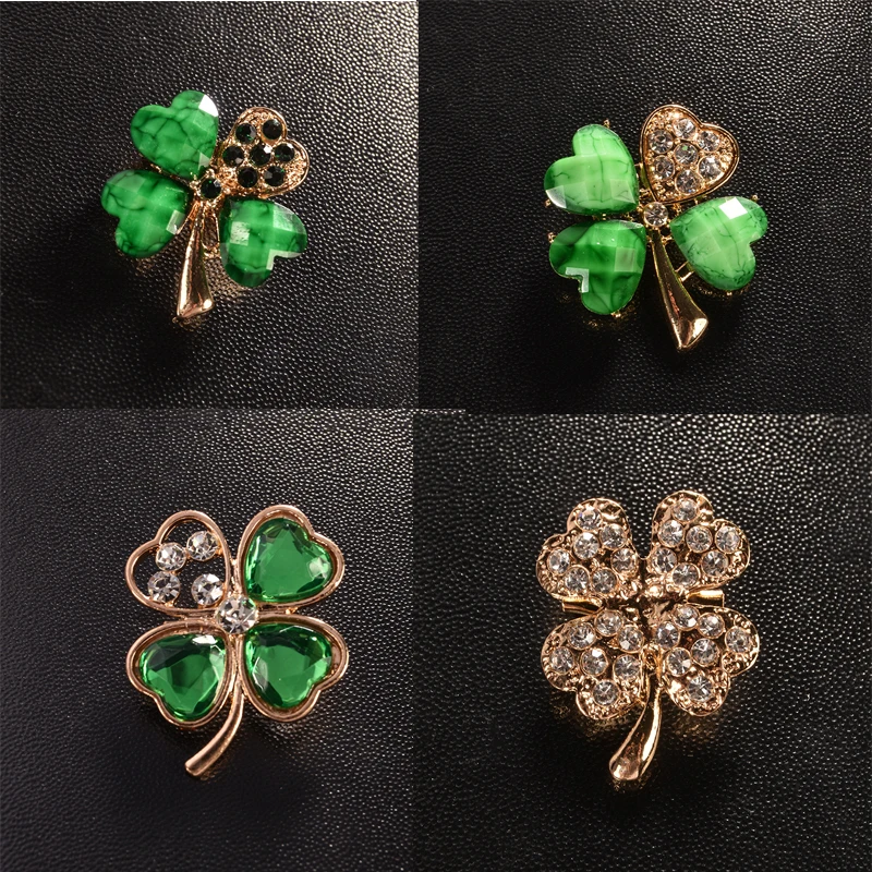 WEIMANJINGDIAN Brand Pack of 4 Pieces Green Rhinestones Four Leaf Clover Brooch Dress Skirt Clothing Shawl Pins Unisex