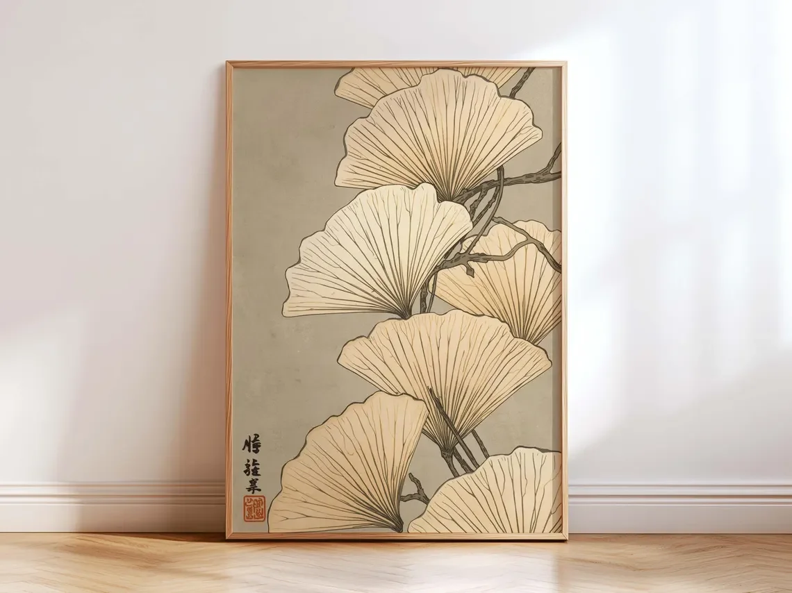 Japanese Ginkgo Leaf Ukiyo-e Wall Art Print, Beige Botanical Poster, Japanese Neutral Beige Nature Decor, Minimalist Zen Asian H