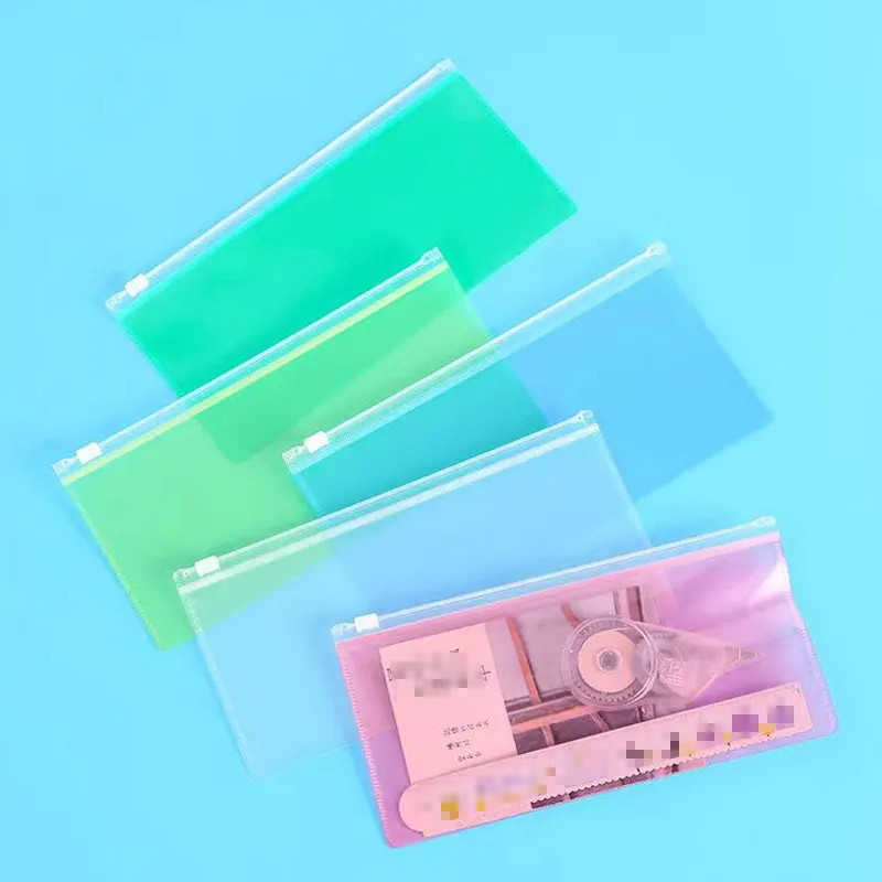 12pcs/Lot Transparent File Bag Portable Storage Stationery Pencil Envelope Document File Holder Zippered Pouch Pocket Organizer