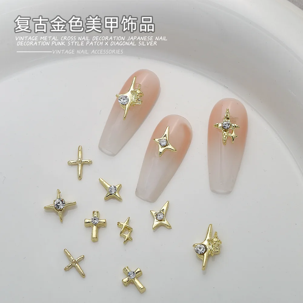 Retro Four-Pointed Star Alloy Nail Art Accessories, Sparkling Buccellati Three-Dimensional Star Nail Decoration Rhinestones