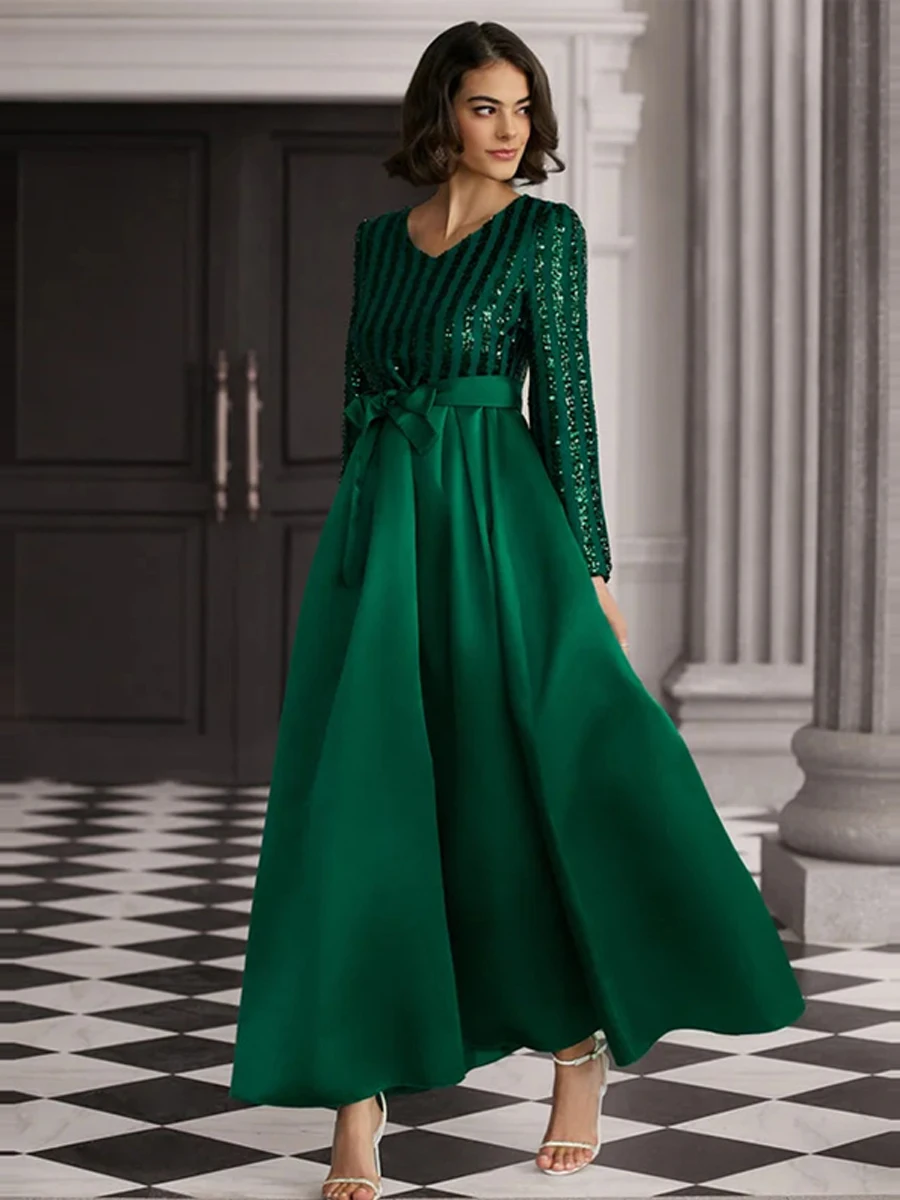 

Элегантное вечернее платье с длинными рукавами, пайетками, утягивающей талией, пышной юбкой, модное, с высокой талией, А-силуэт