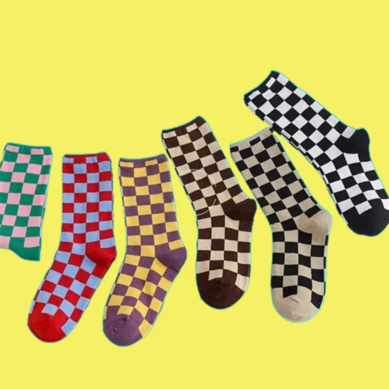 

6/12 Pairs Fashion Socks Autumn and Winter Internet Red Checkerboard Socks Fashion Brand Plaid Cotton Ins Japanese Fashion Socks