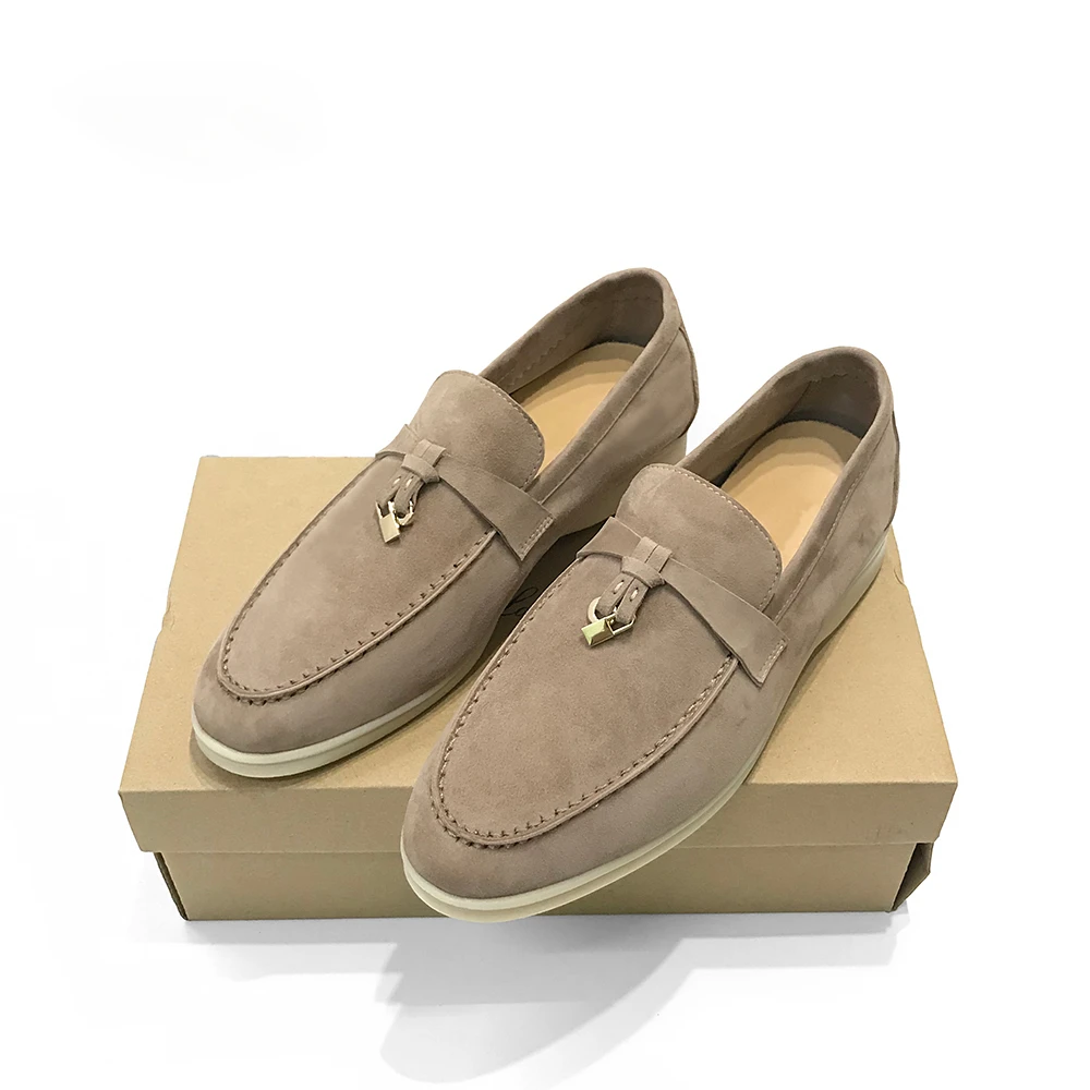 

2024 Luxury Designer Flats Women Summer Walk Suede Loafers High Quality Genuine Leather Slip On Loafers Round Toe Casual Flats