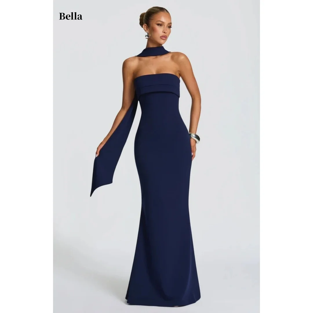 

Черные длинные шелковые шарфы Bella по индивидуальному заказу, вечерние платья русалки без бретелек с открытой спиной и рукавами, атласное платье для выпускного вечера