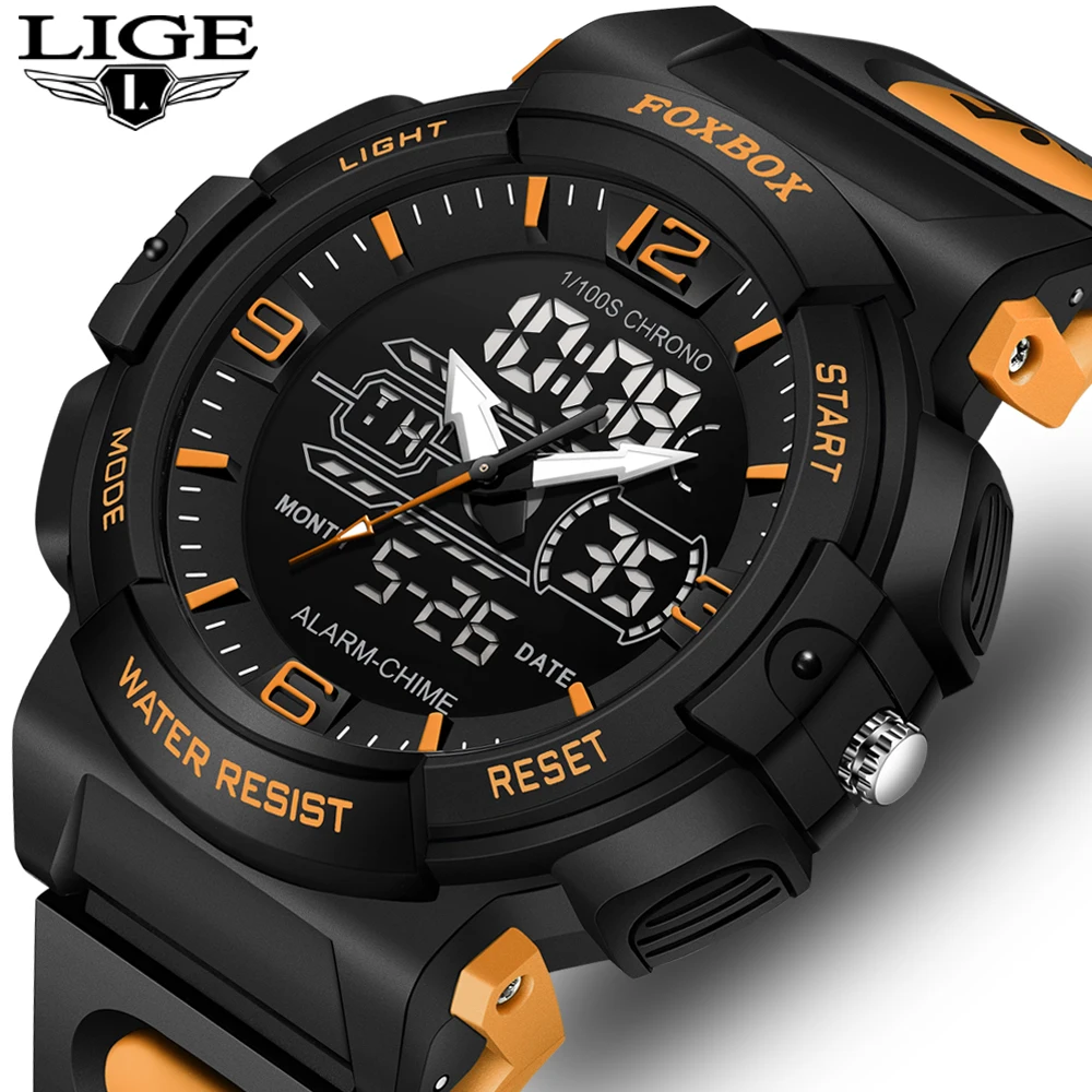 LIGE Novos Relógios Para Homens 50M Relógio À Prova D 'Água Alarme reloj hombre LCD Dual Display Relógio de Pulso Quartzo Militar Esportes Mens Relógios