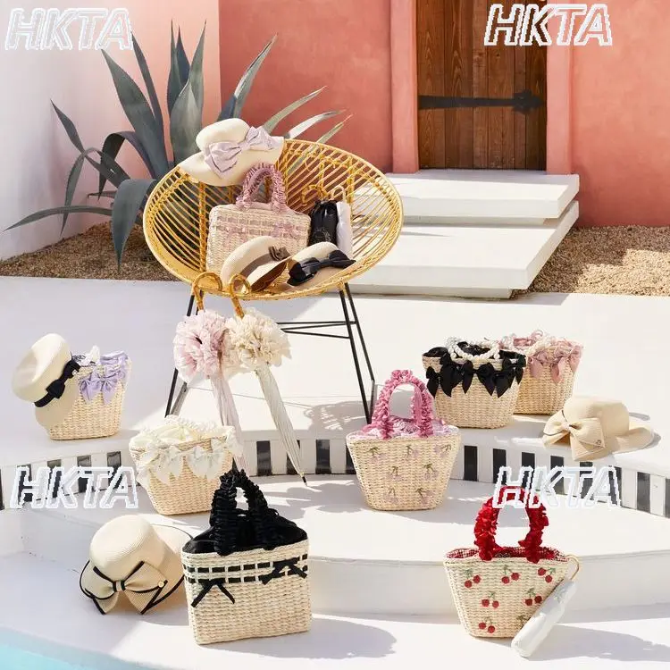 

Japanese Style New Bowknot Hand Bags Women Woven Pearl Handle Cute Handbag Japanese Style Sweet Casual Vintage Straw Woven Bag