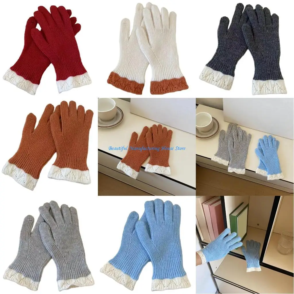 E56A Stylish Knitted Thermal Gloves Thick Gloves Stylish Lace Thermal Theme Gloves Winter Warm Full Finger Gloves