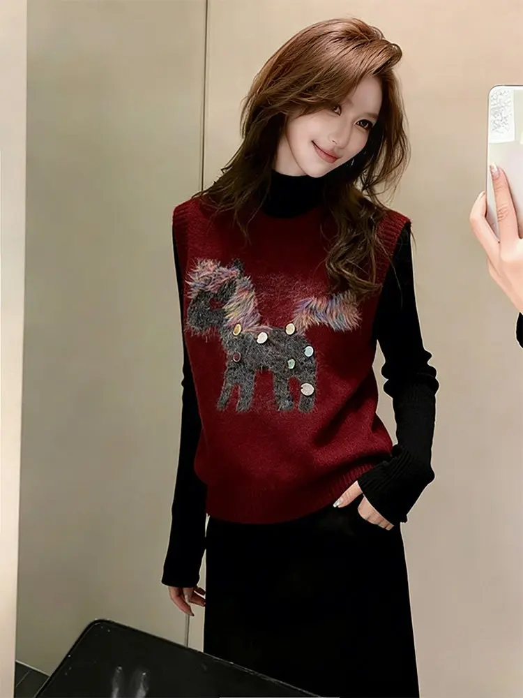 

Вязаный жилет для женщин: красивый, дышащий, из шерстяного материала, в корейском стиле, для многослойных образов, на особых случаев, красный