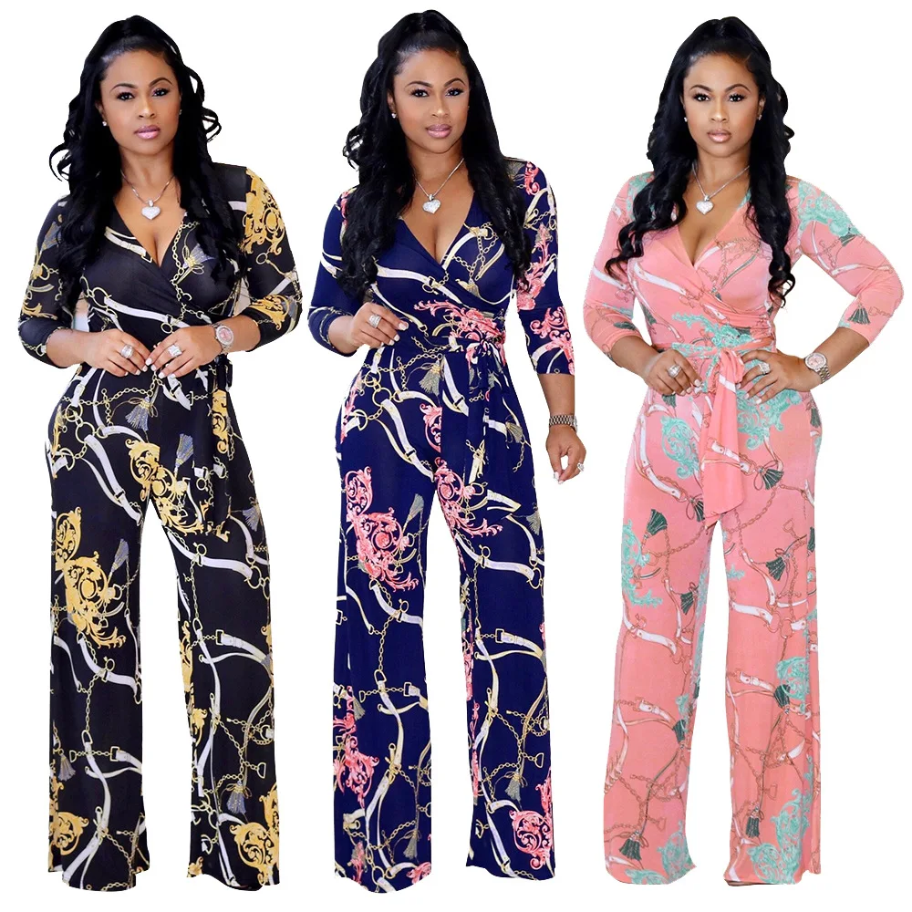 

Sexy women jumpsuit V-neck long sleeved printed jumpsuit For Women