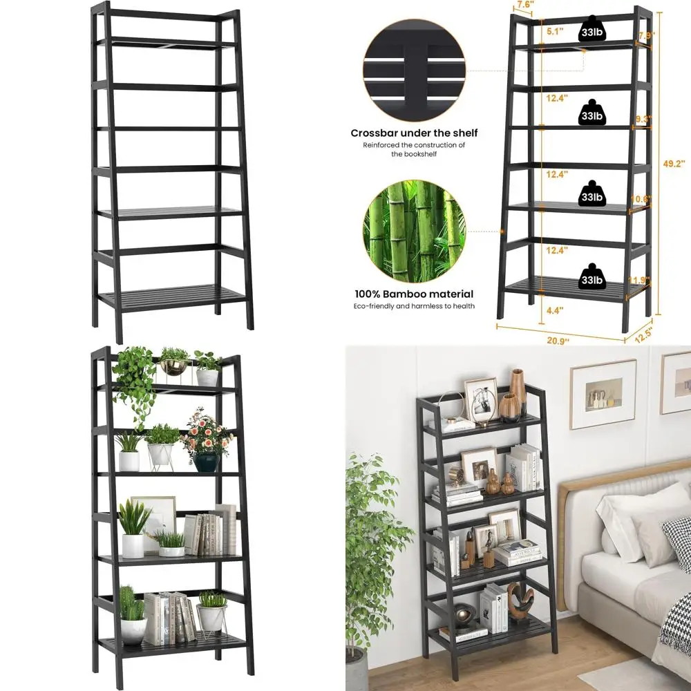 

4-Tier Bamboo Ladder Bookshelf, 49.2 Tall Open Bookcase for Small Spaces, Ideal for Home Office, Living Room, and Bedroom Storag