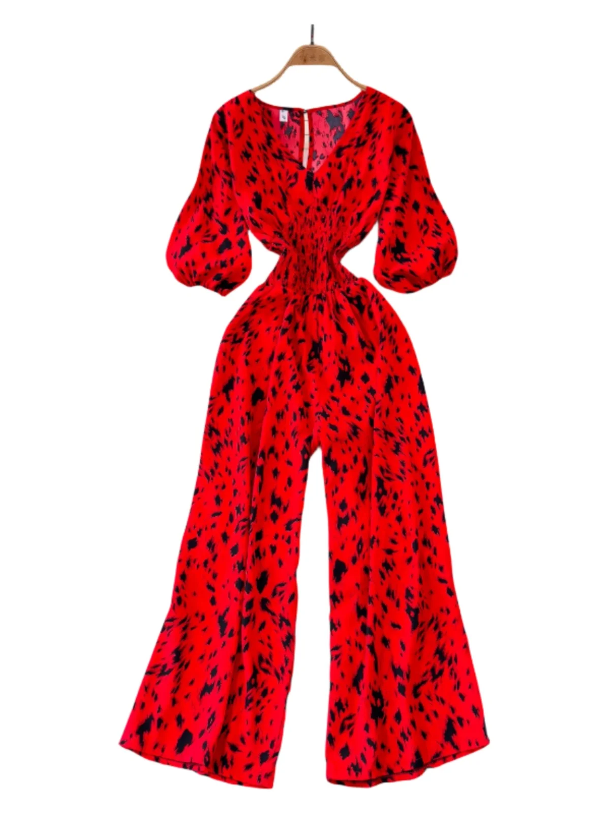 

Sexy V-Ne Batwing Sve Slimming Waist Leopard Print One-Piece Pants High Waist Long Leggings Women's Faion Commute Sle