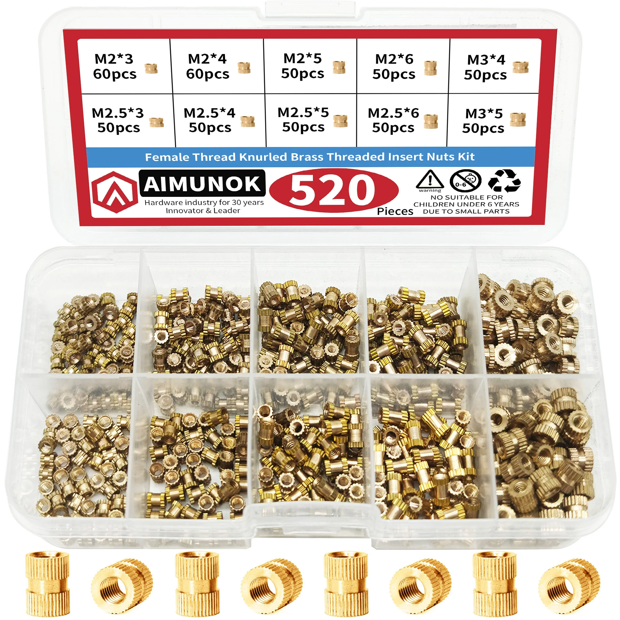 520PCS M2 M2.5 M3 Brass Threaded Inserts Assortment Kit Metric Female Thread Knurled Embedded Nuts Double Pass Knurl Copper Inse